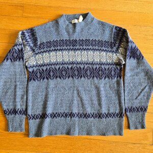 Vintage Sears Womens Sweater Mockneck Medium Blue Fair Isle Mohair Nautical